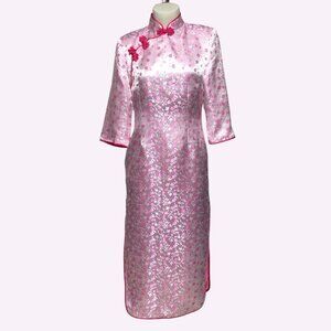 PINK Cherry Blossom Cheongsam Qipao Asian Long Satin Dress Size Small/Medium